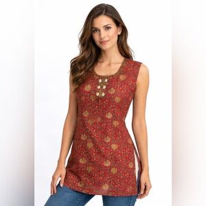 Boho Ethnic Floral Tunic Top w Shell Detail Red Gold Sleeveless Global Style